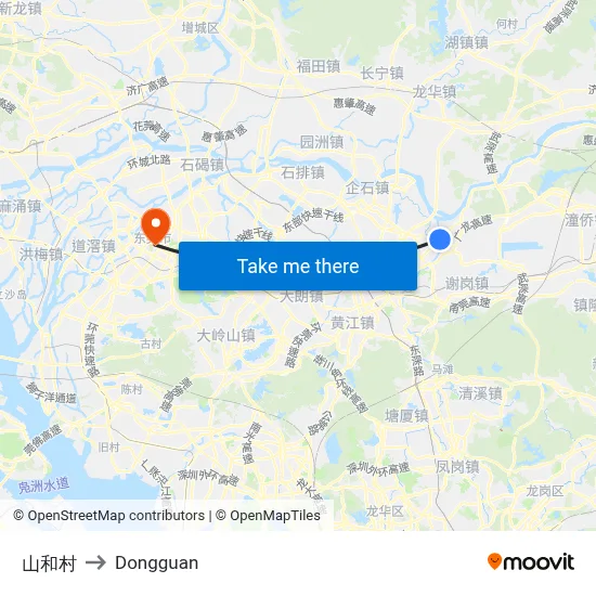 Shanhe Village to Dongguan map