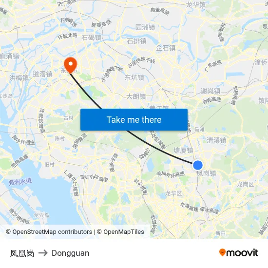 Phoenix Ridge to Dongguan map