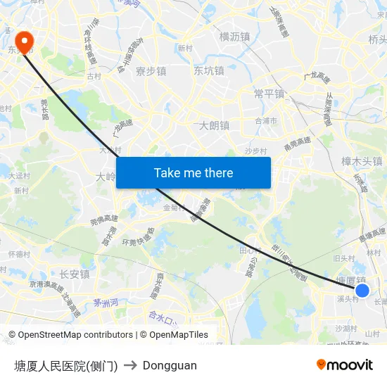 Tangxia People's Hospital (Side Gate) to Dongguan map