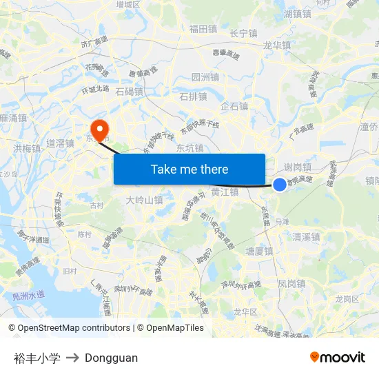 Yufeng Primary School to Dongguan map