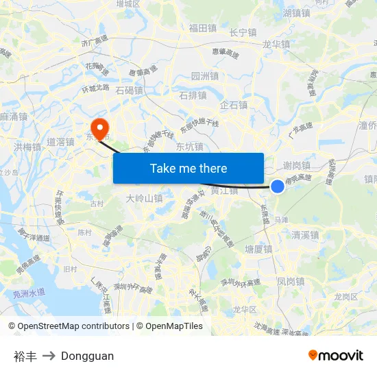 Yufeng to Dongguan map