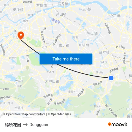 Jinxiu Garden to Dongguan map