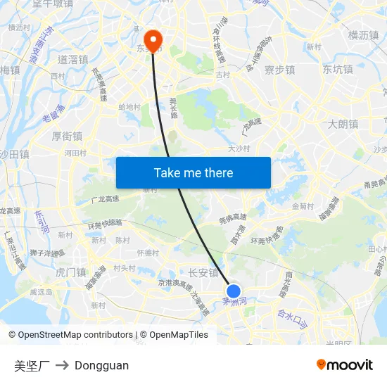 Meijian Factory to Dongguan map