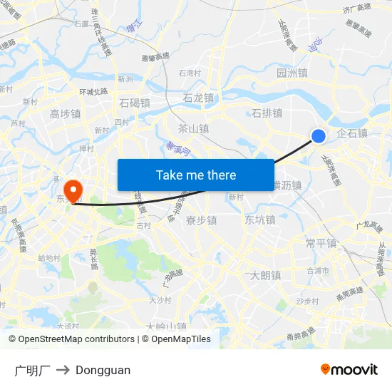Guangming Factory to Dongguan map