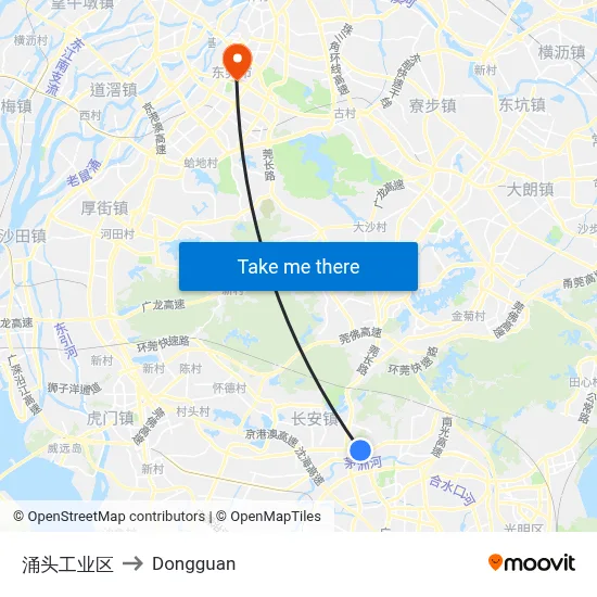Yongtou Industrial Zone to Dongguan map