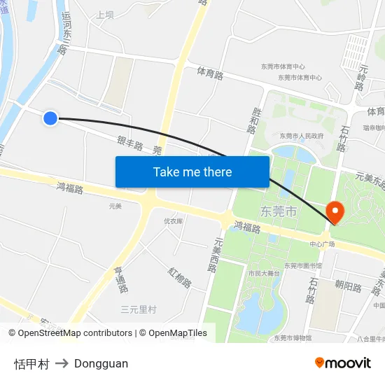 Tianjia Village to Dongguan map
