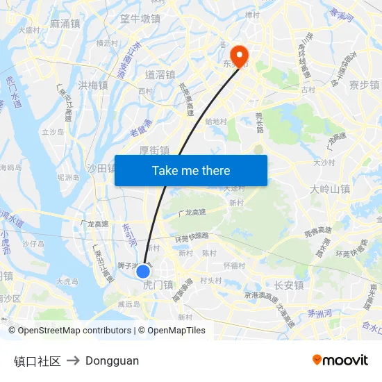 Zhenkou Community to Dongguan map