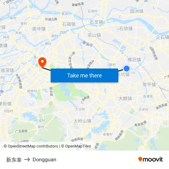 New Dongtai to Dongguan map