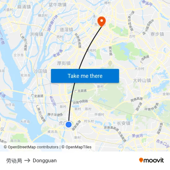 Labor Bureau to Dongguan map