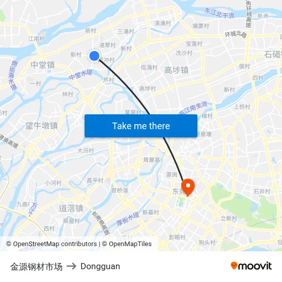 Jinyuan Steel Market to Dongguan map