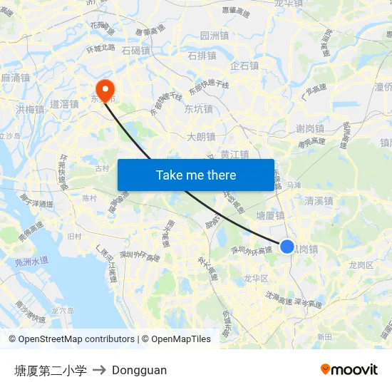 Tangxia Second Elementary School to Dongguan map
