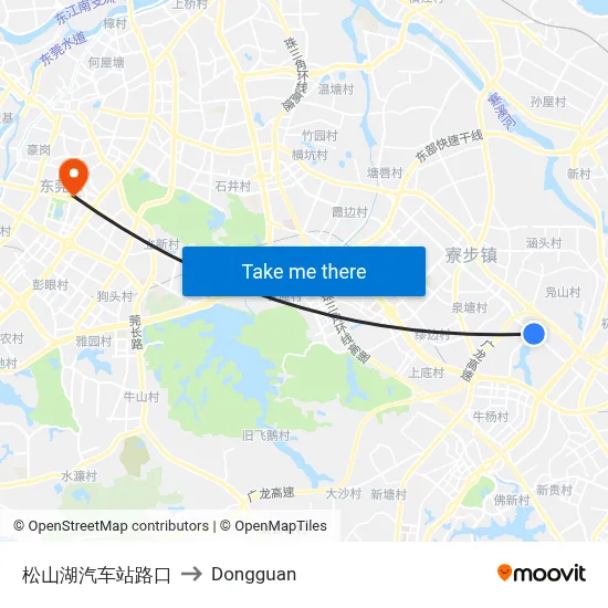 Songshan Lake Bus Station Intersection to Dongguan map