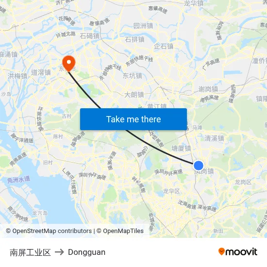 Nanping Industrial Zone to Dongguan map