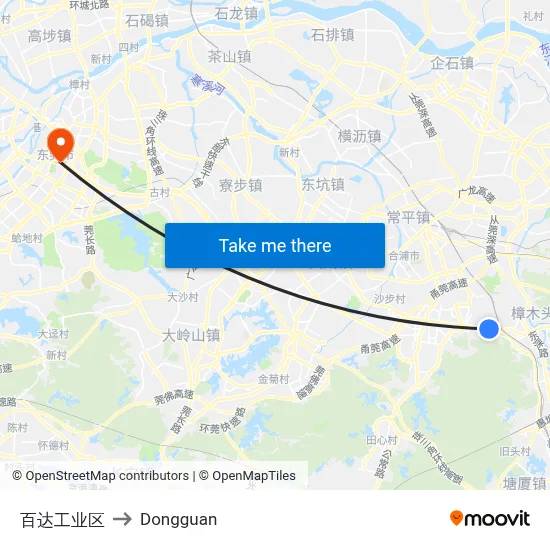 Baida Industrial Zone to Dongguan map