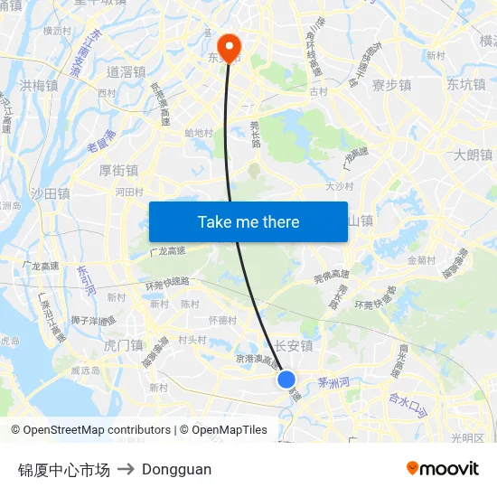 Jinxia Central Market to Dongguan map