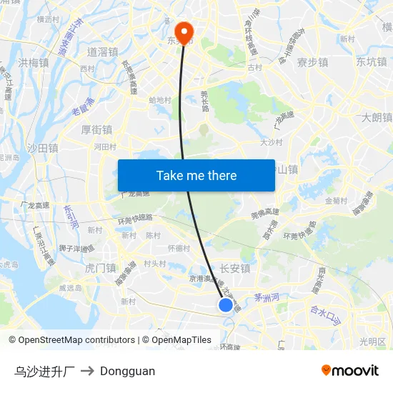 Wusha Jinsheng Factory to Dongguan map