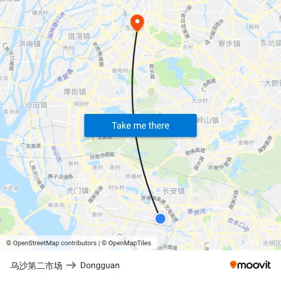 Wusha Second Market to Dongguan map