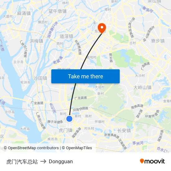 Humen Bus Terminal to Dongguan map