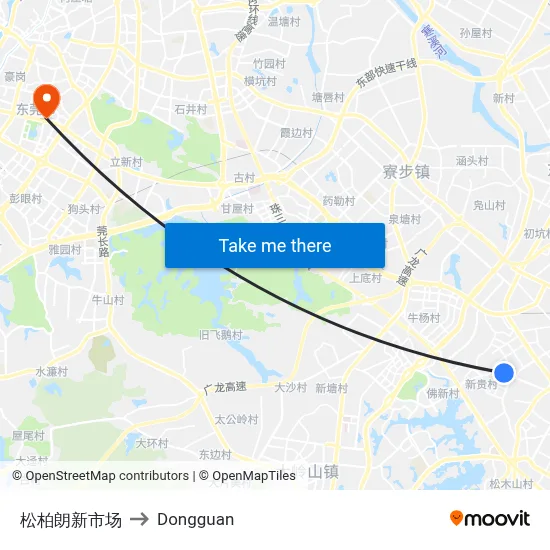 Songbailang New Market to Dongguan map
