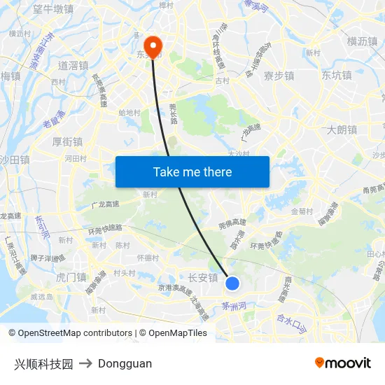 Xingshun Technology Park to Dongguan map