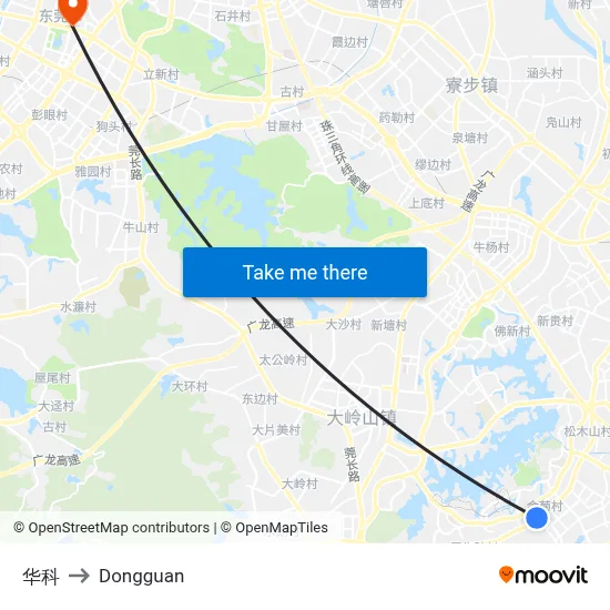Huake to Dongguan map