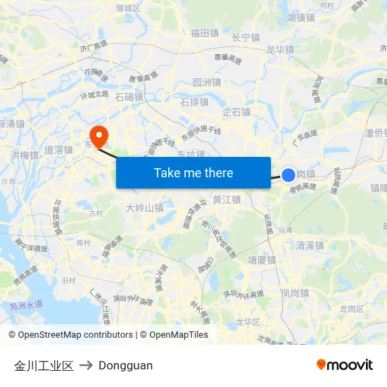 Jinchuan Industrial Zone to Dongguan map