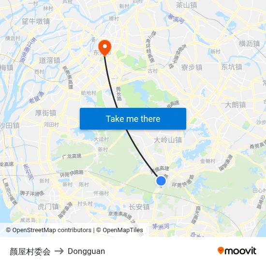 Yanwu Village Committee to Dongguan map