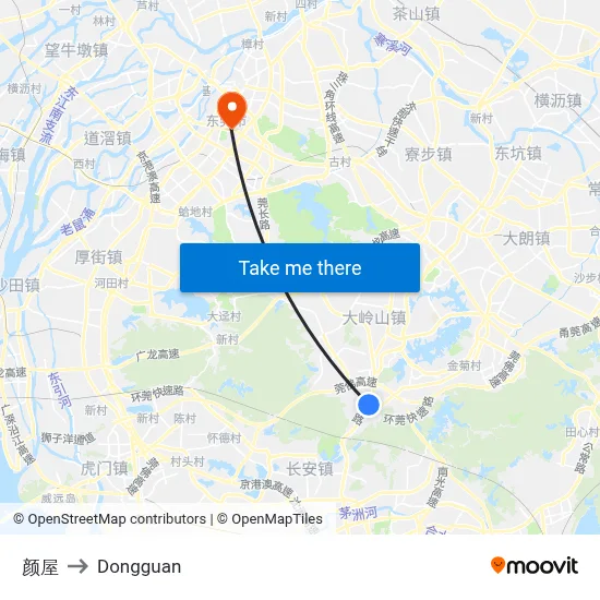Yanwu to Dongguan map