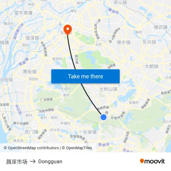 Yanwu Market to Dongguan map