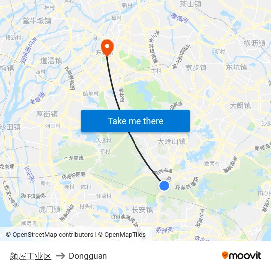 Yanwu Industrial Zone to Dongguan map