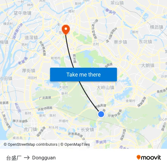 Taisheng Factory to Dongguan map