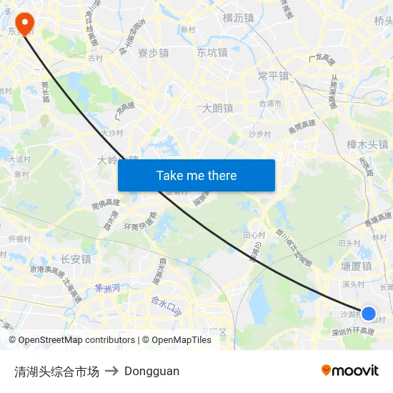 Qinghutou Comprehensive Market to Dongguan map