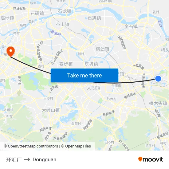 Huanhui Factory to Dongguan map