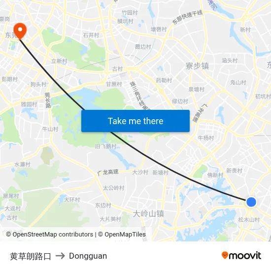 Huangcaolang Intersection to Dongguan map