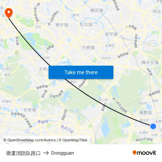 Tangxia Fire Station Intersection to Dongguan map