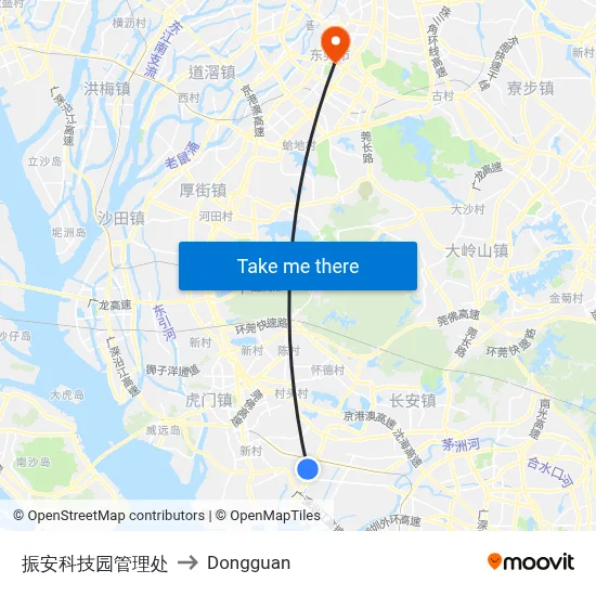Zhen'an Science Park Management to Dongguan map
