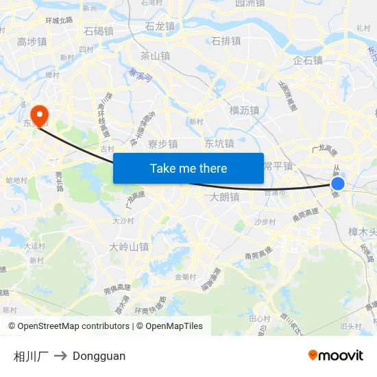 Xiangchuan Factory to Dongguan map