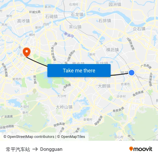 Changping Bus Station to Dongguan map
