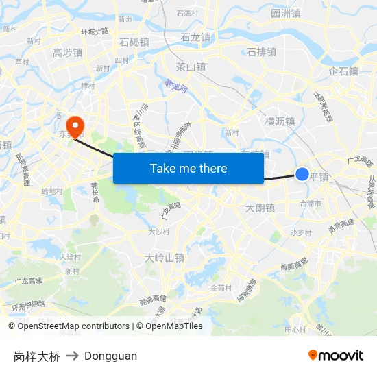 Gangzi Bridge to Dongguan map