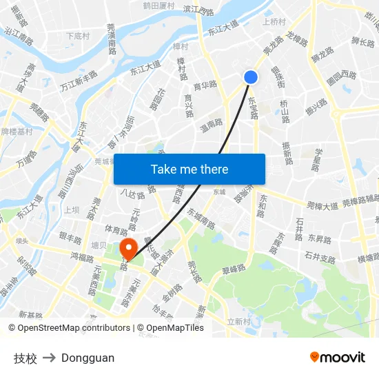 Vocational School to Dongguan map