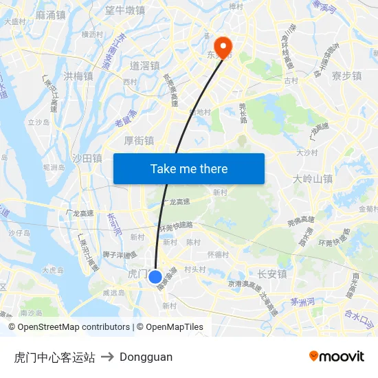 Humen Central Bus Station to Dongguan map