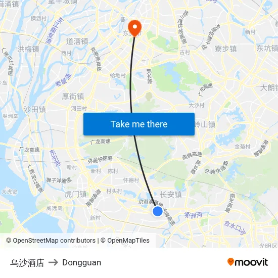Wusha Hotel to Dongguan map