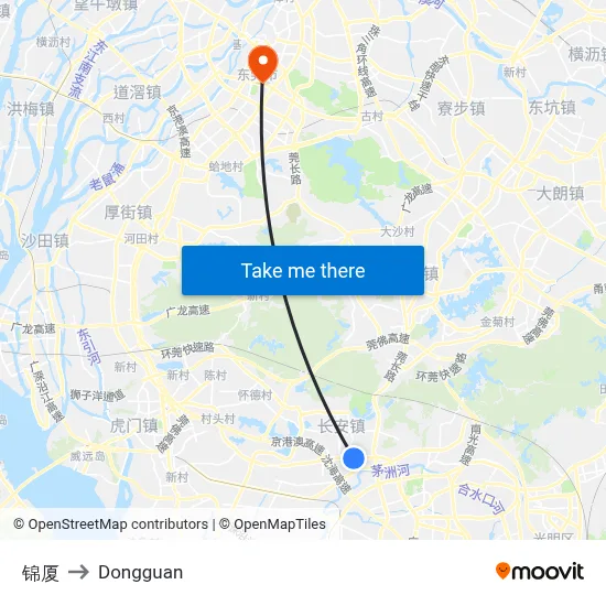 Jinxia to Dongguan map