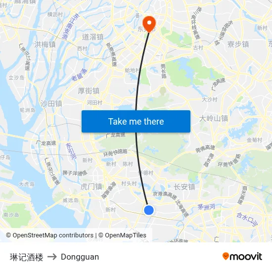 Lin's Restaurant to Dongguan map