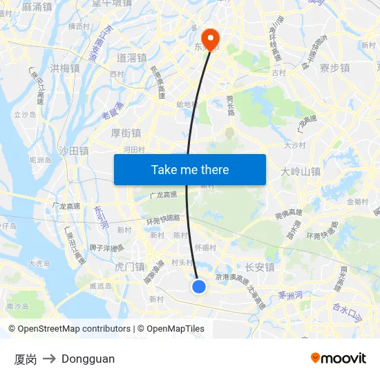 Xiagang to Dongguan map