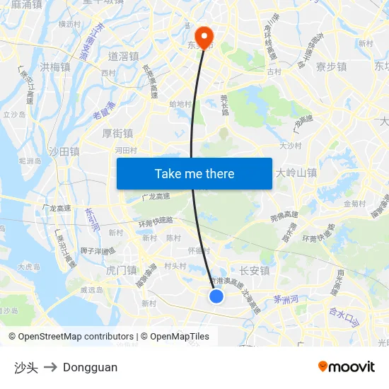 Shatou to Dongguan map