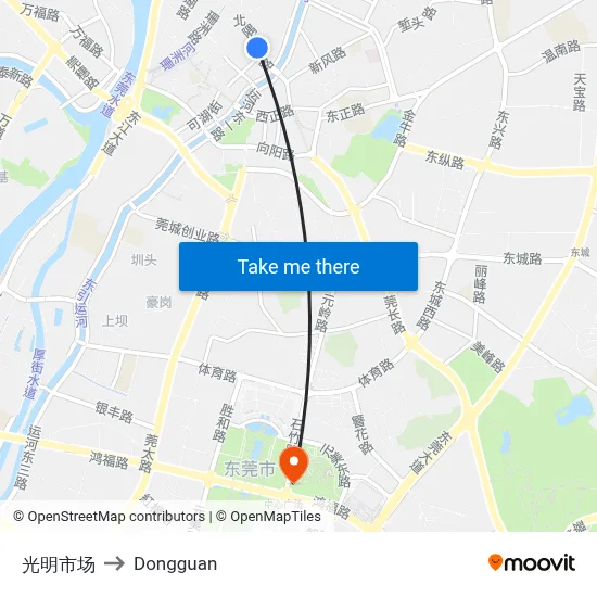 Guangming Market to Dongguan map