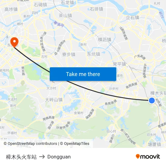 Zhangmutou Railway Station to Dongguan map