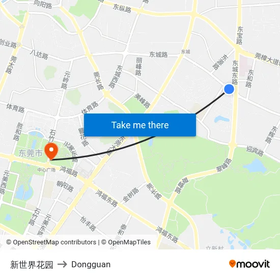 New World Garden to Dongguan map