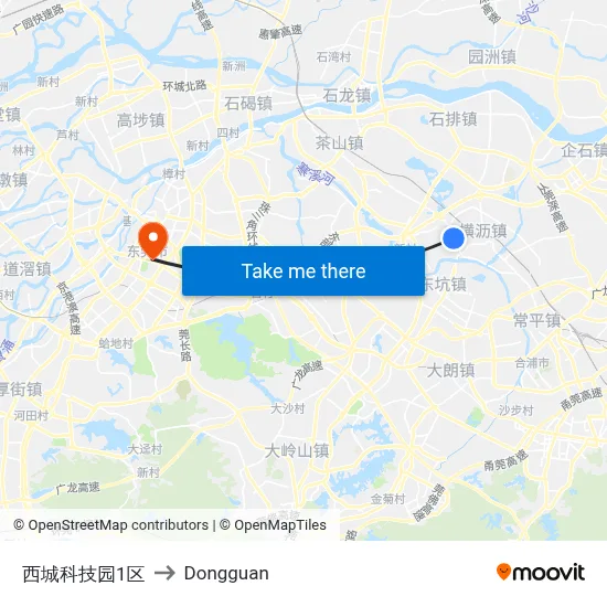 Xicheng Science Park Zone 1 to Dongguan map